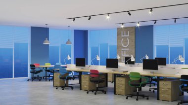 Modern ofis iç. Akşam Aydınlatması. Gece. 3d render.