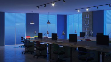Modern ofis iç. Akşam Aydınlatması. Gece. 3d render.
