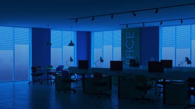 Modern ofis iç. Akşam Aydınlatması. Gece. 3d render.