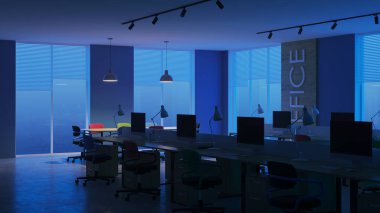 Modern ofis iç. Akşam Aydınlatması. Gece. 3d render.
