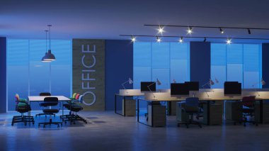 Modern ofis iç. Akşam Aydınlatması. Gece. 3d render.