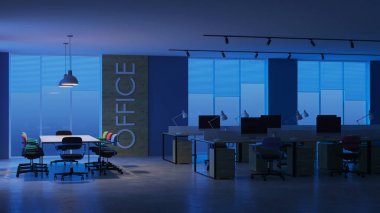 Modern ofis iç. Akşam Aydınlatması. Gece. 3d render.