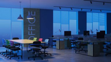Modern ofis iç. Akşam Aydınlatması. Gece. 3d render.