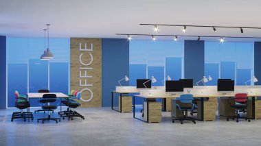 Modern ofis iç. Akşam Aydınlatması. Gece. 3d render.