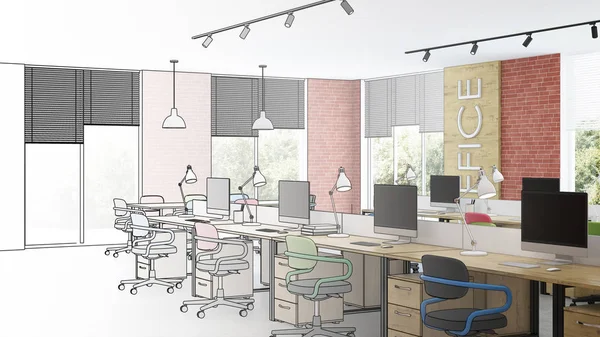 Modern office interior. Design project. Sketch. 3D rendering.