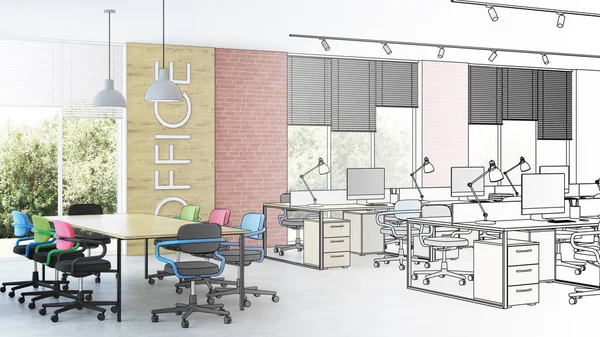 Modern Office Interior Design Project Sketch Rendering — Stock Photo, Image