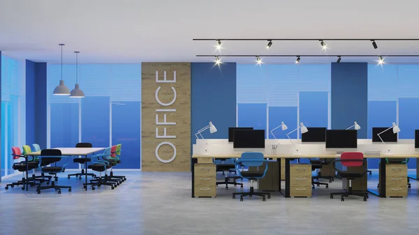 Moderne Büroeinrichtung Abendbeleuchtung Nacht Darstellung — Stockfoto