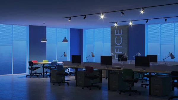 Modern Ofis Akşam Aydınlatması Gece Render — Stok fotoğraf