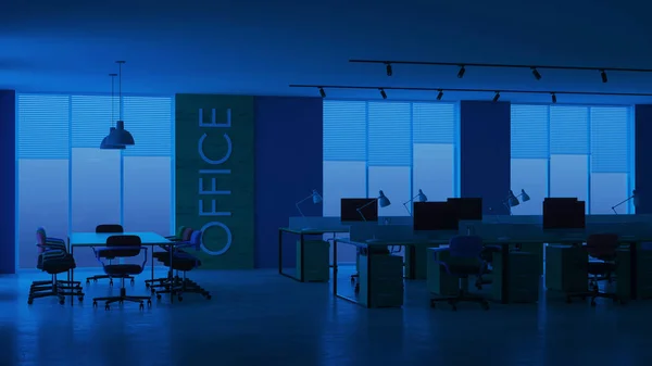 Interior Moderno Oficina Iluminación Nocturna Buenas Noches Renderizado — Foto de Stock