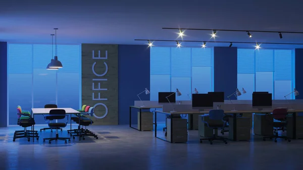 Modern office interior. Evening lighting. Night. 3D rendering.