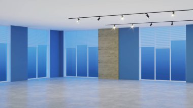 Modern ofis iç. Boş oda. Akşam Aydınlatması. 3d render.