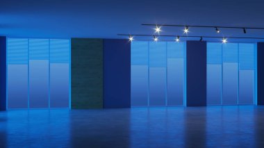 Modern ofis iç. Boş oda. Akşam Aydınlatması. 3d render.