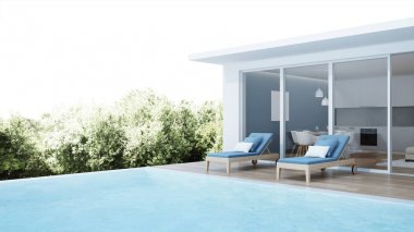 Modern ev iç. Yüzme havuzu olan villanın iç mekanı. 3d render.