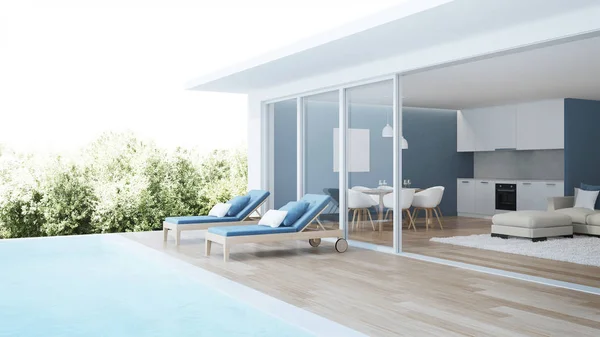 Modern house interior. The interior of the villa with a swimming pool. 3D rendering.