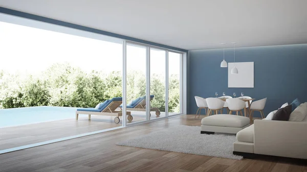 Modern house interior. The interior of the villa with a swimming pool. 3D rendering.