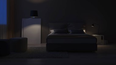 Modern ev iç. Sıcak tonlarda yatak odası tasarımı. 3d render.