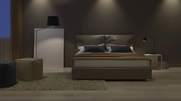 モダンな家のインテリア 温かみのある色調のベッドルームデザイン レンダリング — ストック写真