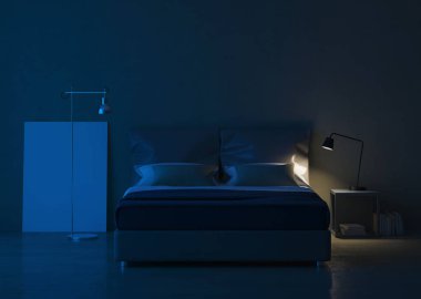 Modern ev iç. Yatak odası iç tasarım. Akşam Aydınlatması. 3d render.