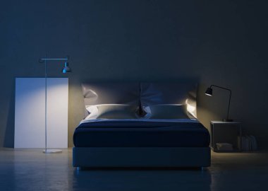 Modern ev iç. Yatak odası iç tasarım. Akşam Aydınlatması. 3d render.