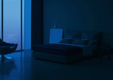 Modern ev iç. Yatak odası iç tasarım. Akşam Aydınlatması. 3d render.