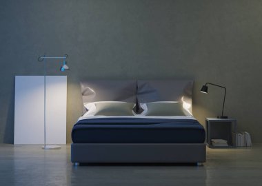 Modern ev iç. Yatak odası iç tasarım. Akşam Aydınlatması. 3d render.