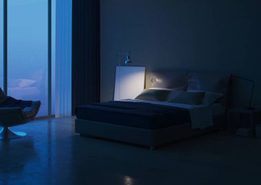 Modern ev iç. Yatak odası iç tasarım. Akşam Aydınlatması. 3d render.