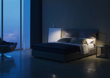 Modern ev iç. Yatak odası iç tasarım. Akşam Aydınlatması. 3d render.