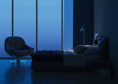 Modern ev iç. Yatak odası iç tasarım. Akşam Aydınlatması. 3d render.