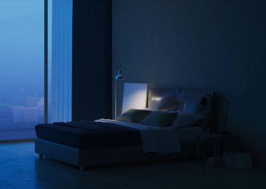Modern ev iç. Yatak odası iç tasarım. Akşam Aydınlatması. 3d render.