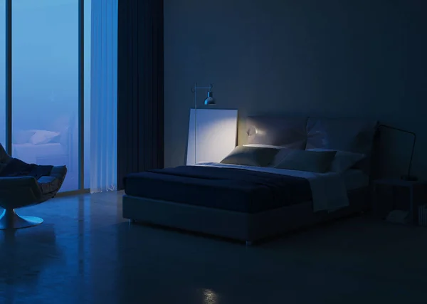 Moderne Hauseinrichtung Schlafzimmereinrichtung Abendbeleuchtung Darstellung — Stockfoto