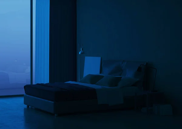 Interior Casa Moderna Dormitorio Diseño Interior Iluminación Nocturna Renderizado —  Fotos de Stock