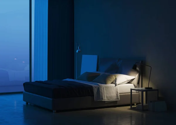 Modern House Interior Bedroom Interior Design Evening Lighting Rendering — Stock Photo, Image
