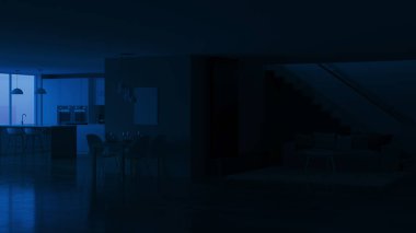Modern ev iç. İyi geceler. Akşam aydınlatma. 3D render.