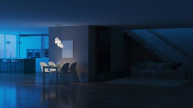 Modern ev iç. İyi geceler. Akşam aydınlatma. 3D render.