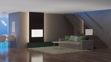 Modern ev iç. İyi geceler. Akşam aydınlatma. 3D render.