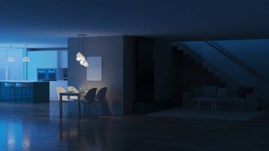 Modern ev iç. İyi geceler. Akşam aydınlatma. 3D render.