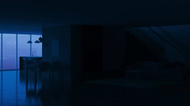 Modern ev iç. İyi geceler. Akşam aydınlatma. 3D render.
