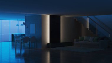 Modern ev iç. İyi geceler. Akşam aydınlatma. 3D render.