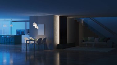 Modern ev iç. İyi geceler. Akşam aydınlatma. 3D render.