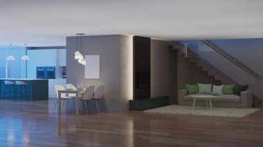 Modern ev iç. İyi geceler. Akşam aydınlatma. 3D render.