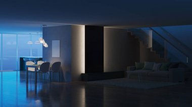 Modern ev iç. İyi geceler. Akşam aydınlatma. 3D render.