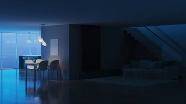 Modern ev iç. İyi geceler. Akşam aydınlatma. 3D render.