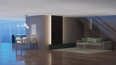 Modern ev iç. İyi geceler. Akşam aydınlatma. 3D render.