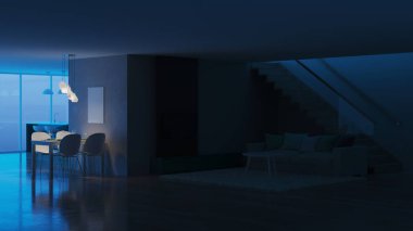 Modern ev iç. İyi geceler. Akşam aydınlatma. 3D render.