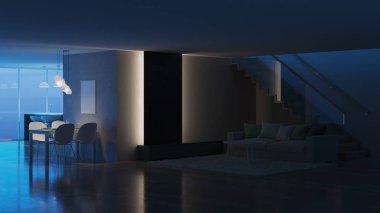 Modern ev iç. İyi geceler. Akşam aydınlatma. 3D render.