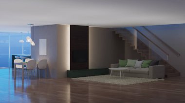 Modern ev iç. İyi geceler. Akşam aydınlatma. 3D render.
