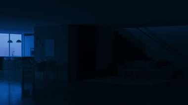 Modern ev iç. İyi geceler. Akşam aydınlatma. 3D render.