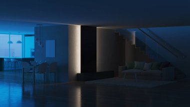 Modern ev iç. İyi geceler. Akşam aydınlatma. 3D render.