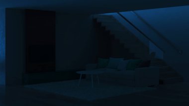 Modern ev iç. İyi geceler. Akşam aydınlatma. 3D render.
