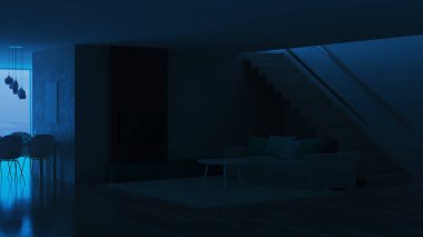 Modern ev iç. İyi geceler. Akşam aydınlatma. 3D render.